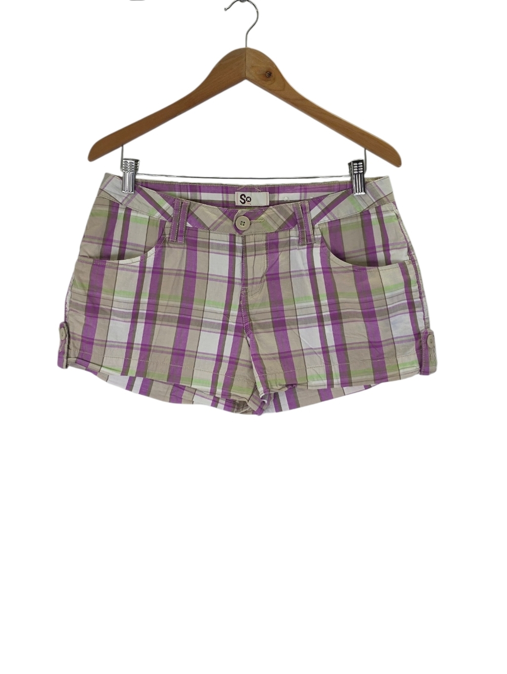 SO Y2k Vintage Low Rise Preppy Plaid Mini Shorts Pink Green Size 9 Juniors 2000s - Picture 1 of 13